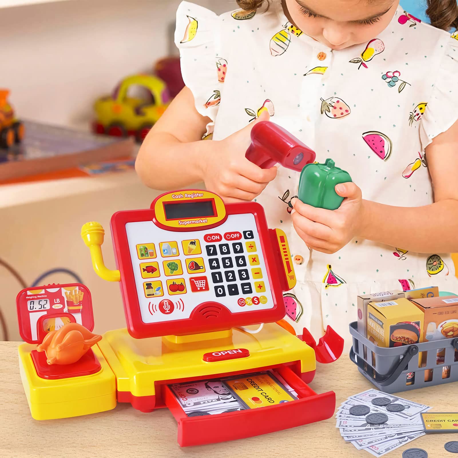 FS Pretend Play Cash Register Toy with True Barcode Scanner & Calculator, Microphone, Play Food, Supermarket Cashier, Great Pre-School Gift Cash Register for Kids Boys & Girls, Ages 3 4 5 6 8
