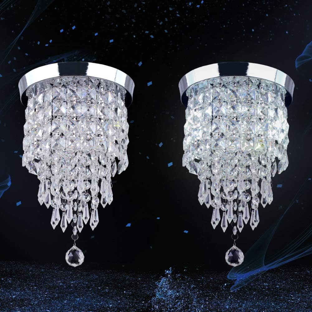 TongLan Crystal Chandelier, 2 Light Flush Mount Ceiling Light, H12.59 x W7.87 inches Modern Mini Chandelier Lighting Fixture for Bedroom, Living Room, Dining Room, Hallway, Kitchen - - 