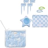 Lilly Pulitzer Water Resistant Vinyl Beach Pouch, Zipper Bag Includes 2 Scrunchies, Drink Holder & Towel Stakes, Palms Way Home