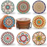 Puluole Cork Coasters Set of 8,Colorful Drink Coaster with Holder,4 Inch | Absorbent, Non-Slip, Boho Mandala Pattern, Heat Resistant, Protection Office Desk & Coffee Table, Gift for Women