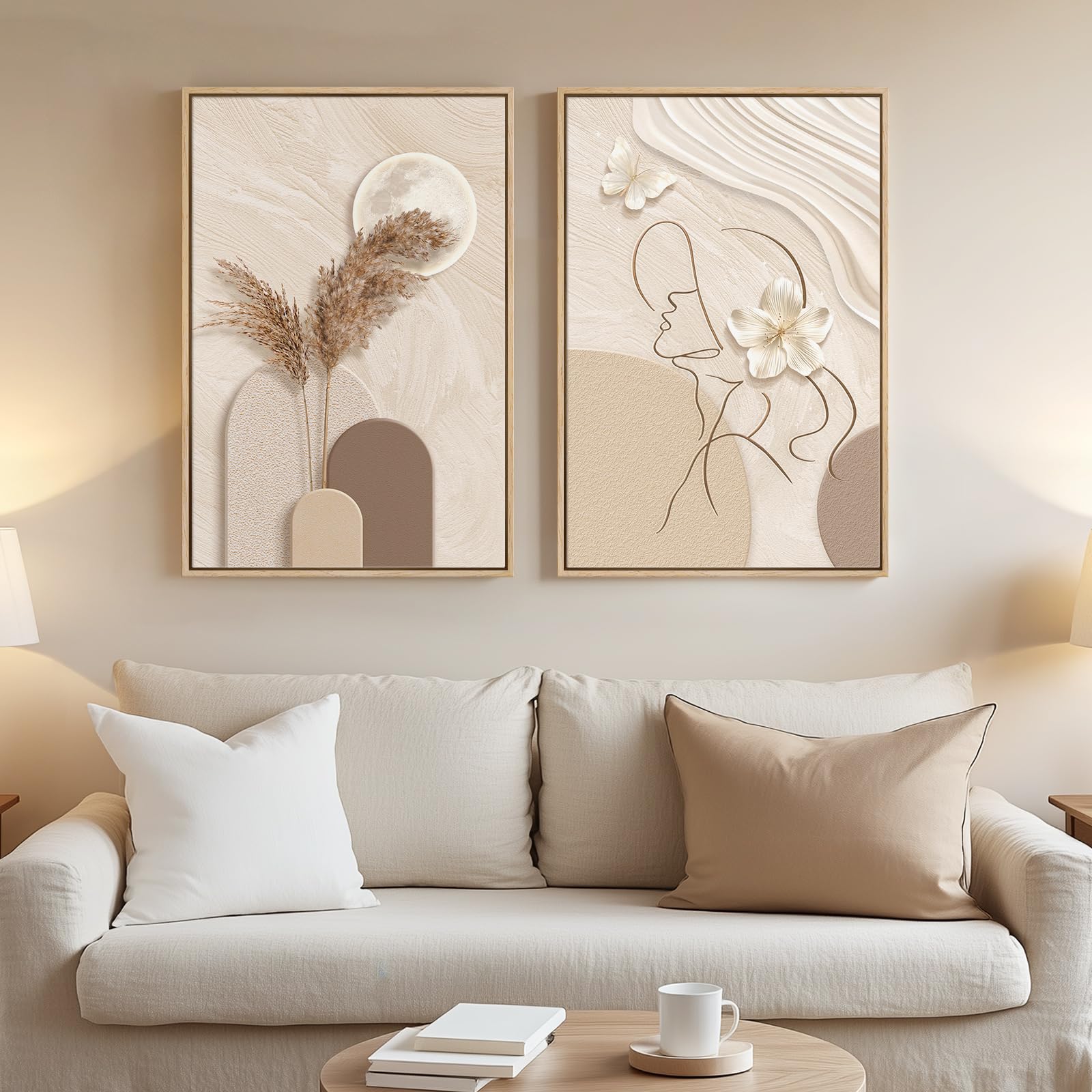 Photo 1 of (single) (fair) Framed Neutral Abstract Wall Art, Set of 2 Tan and Cream Beige Canvas Prints Paintings Artwork for Walls, Woman Silhouette Pictures for Living Room Dining Room Bedroom Office Wall Decor 16x24 Inch
