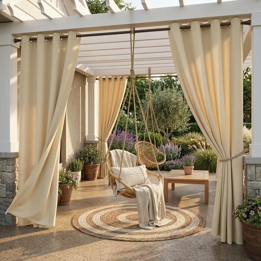 StangH Outdoor Curtains Waterproof - Thick Fabric Light Blocking Blackout Patio Drapes with Grommet Top Thermal Insulated Drapes for Lanai/Porch/Open-air Dining, Cream Beige, W52 x L84, 1 Panel