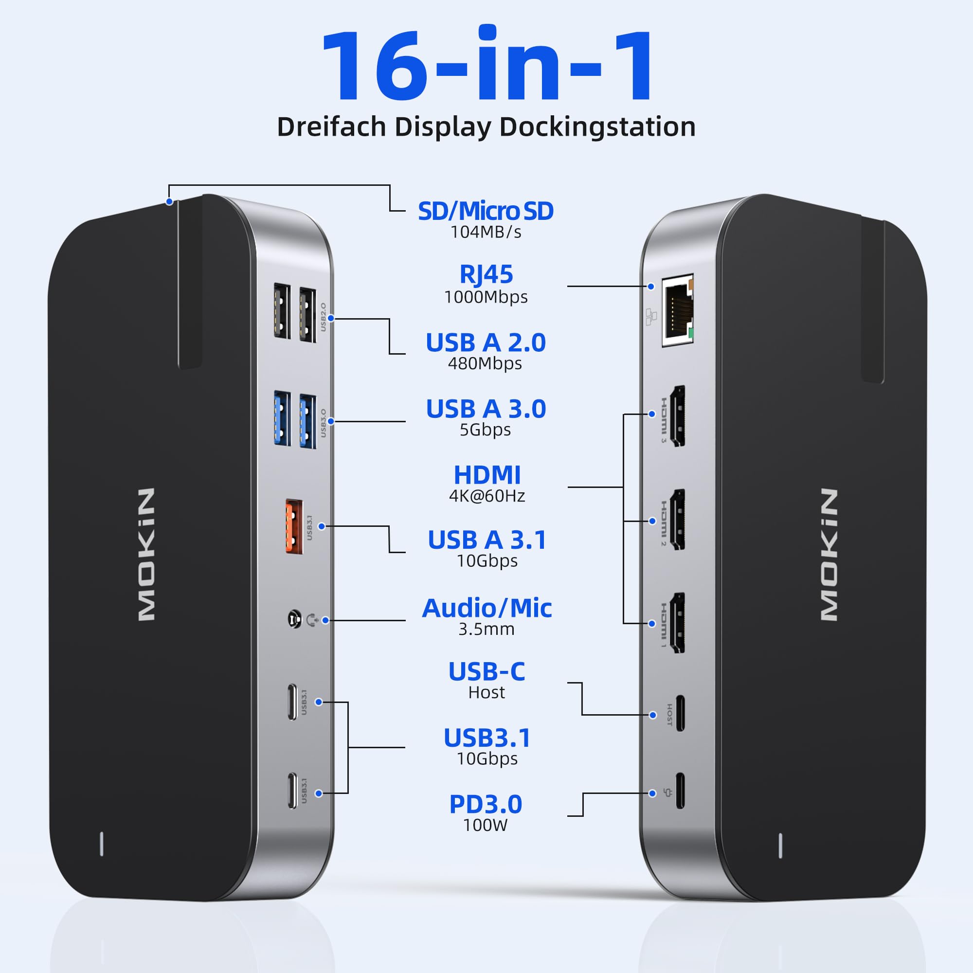 USB C Docking Station 3 HDMI, 16 in 1 Docking station zwei Monitor, Laptop Docking station drei Displays mit USB A/C 3.1, USB 3.0/2.0, 100 W PD, Ethernet, Audio&Mikrofon, SD&MicroSD für Lenovo MacBook 2