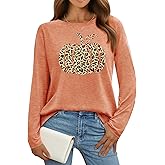 RECUTEWU Halloween Pumpkin Shirt for Women: Leopard Pumpkins Print T-Shirt Fall Thanksgiving Long Sleeve Tee Blouse