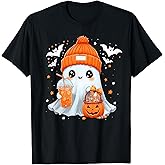 Cute Halloween Ghost Drink Pumpkin Spice Beanie Girl Women T-Shirt