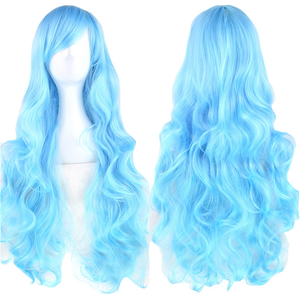 Fouriding 31" Water Blue Women's Long Curly Wave Cosplay Party Wigs Hairpieces Hair Cap Lolita Style Anime Wig