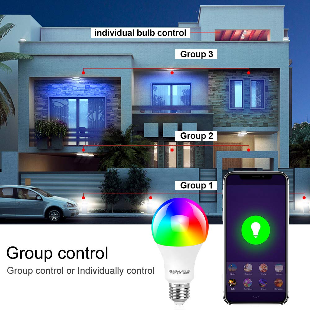 Smart Bulb WiFi Light, Dimmable Multicolored Light Bulbs（10W）, Smartphone Controlled Daylight & Night Light, No Hub Required,Free APP Remote Control, Works with Alexa(1 Pack)