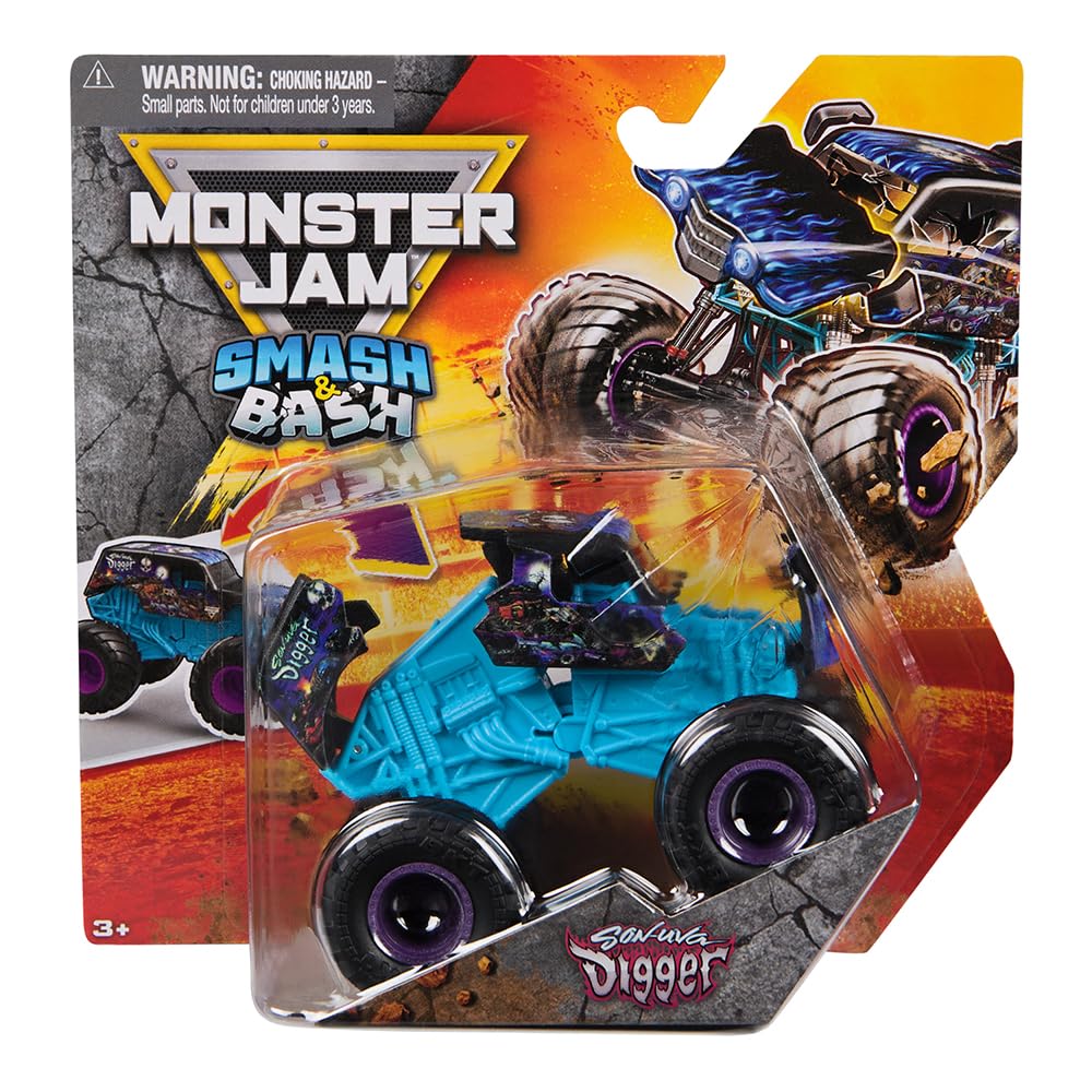 Monster Jam Smash & Bash Son-uva Digger 1:64 Scale Die-Cast Monster Truck, Crash & Reset Feature, Authentic Vehicle by Spin Master, Ages 3+