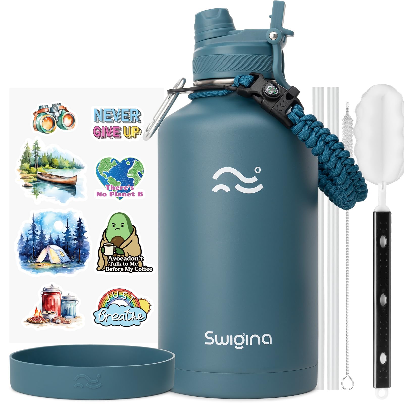 Photo 1 of Swigina [2-IN-1 LID] 64 oz Insulated Water Bottle with Silicone Boot (48hrs Cold/24hrs Hot) - DIY Stickers, Leakproof, BPA Free, Half Gallon