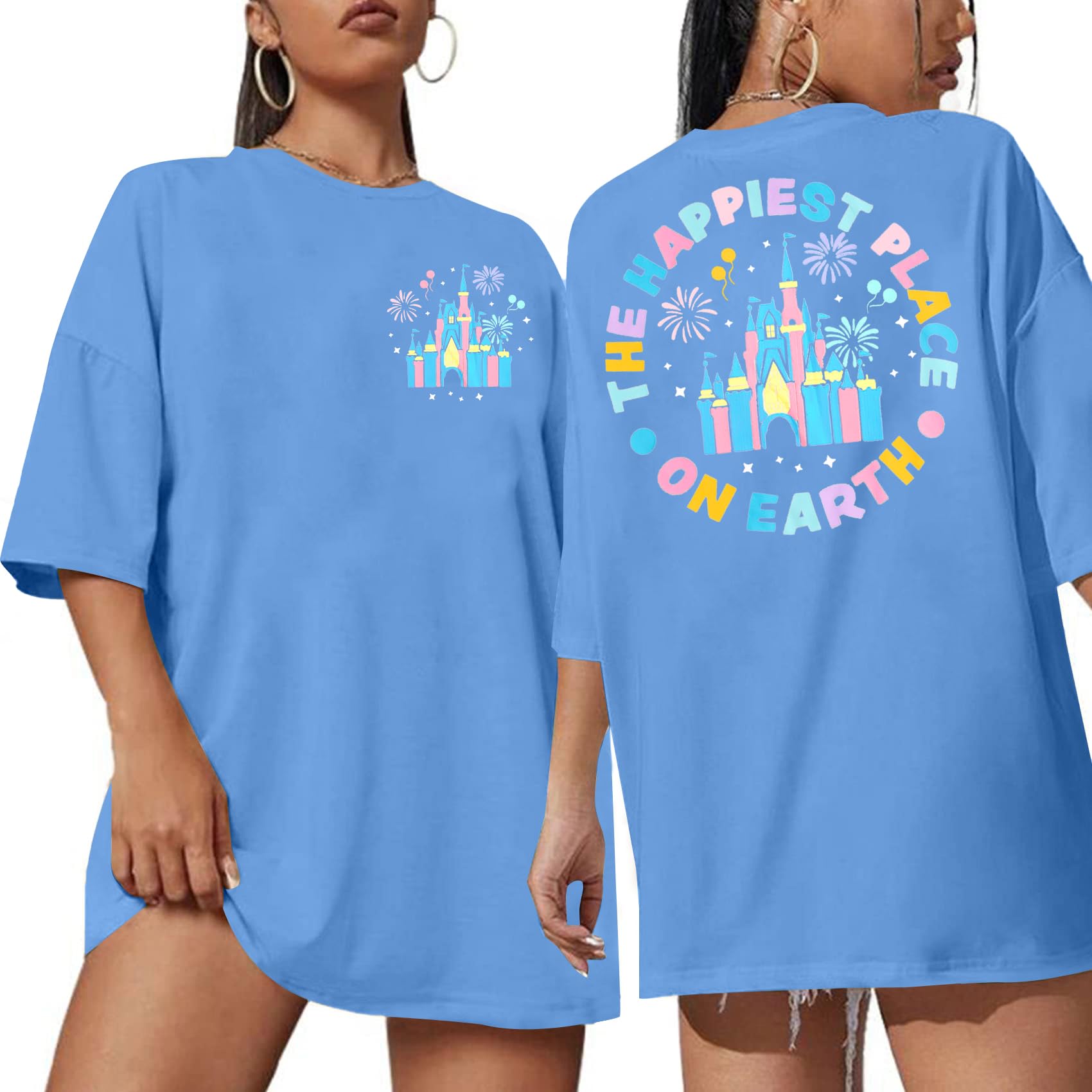 Photo 1 of Oversized Magical Shirt Women Happiest Place on Earth Shirt Magic Kingdom Shirts Cute Castle Graphic Family Holiday Tee Tops Blue