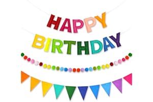 CANREVEL Pre-Strung 3D Happy Birthday Banner, 3 PCS Rainbow Happy Felt Garland, Pom Pom Garland, Triangle Fabric Bunting, Reusable Rainbow Birthday Decorations for Girls Boys Women Men
