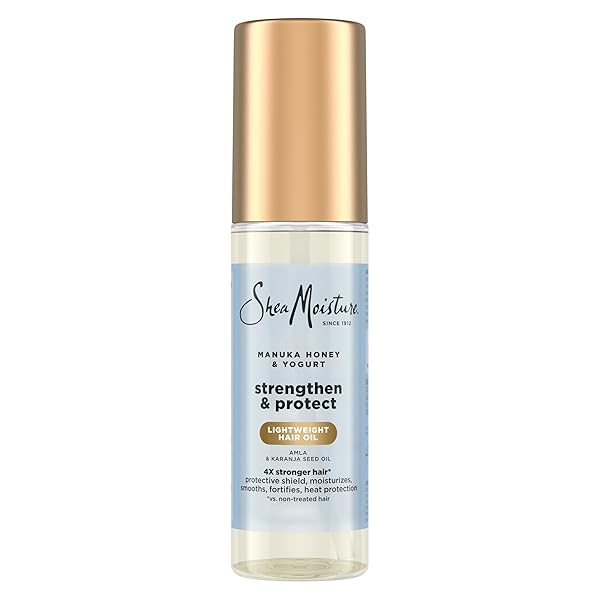 SHEAMOISTURE STRENGTHEN & PROTECT HAIR OIL MANUKA HONEY & YOGURT REDUCES HEAT DAMAGE AND PROTECTS HAIR WITH AN AMLA OIL AND MANUKA HONEY INFUSED LIGHTWEIGHT FORMULA 3.3FL OZ