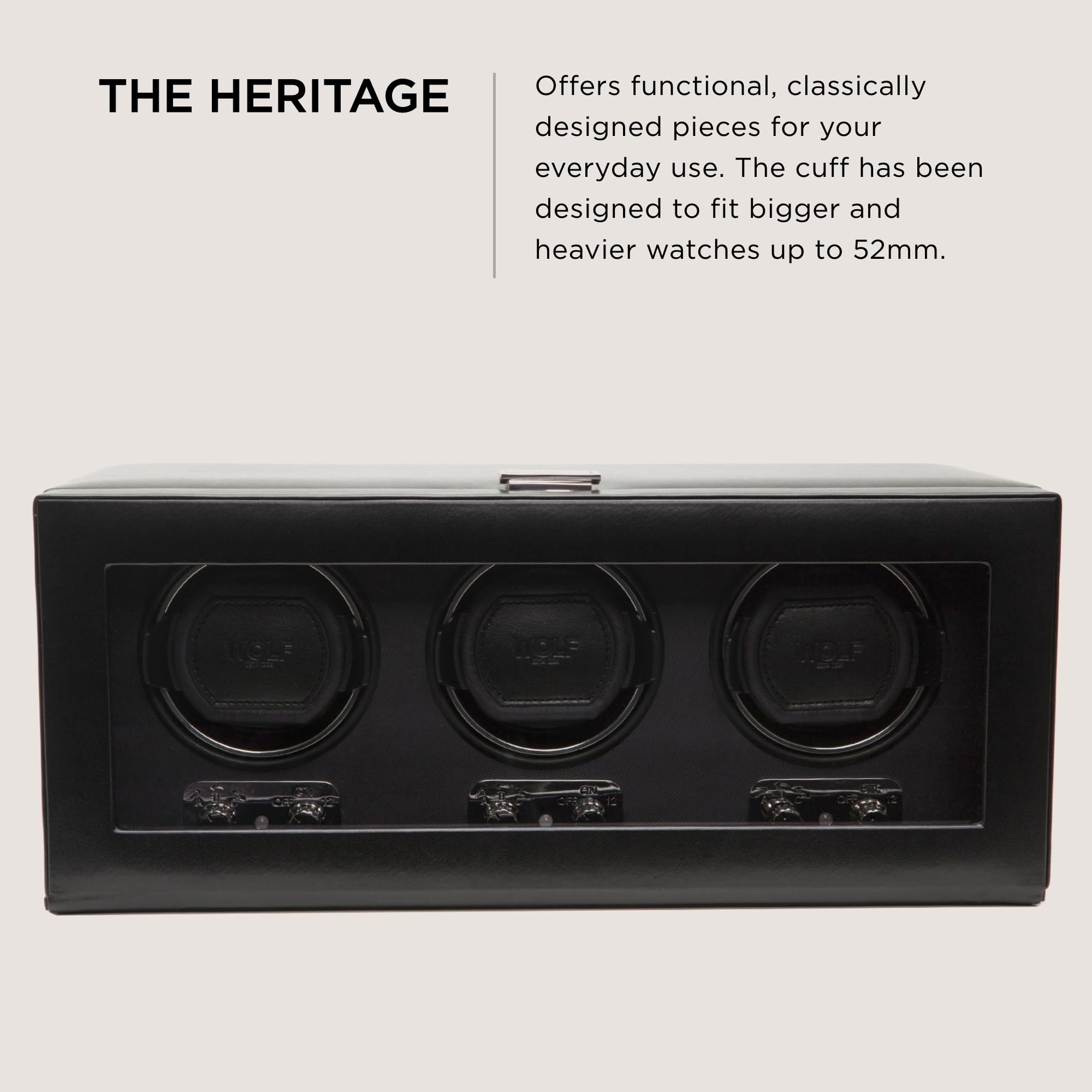 Wolf Designs Wolf Heritage Triple Winder with Glass Cover, Black - Secure Fit with Patented Lock-in Dynamic Cuff - for Bigger, Heavier Watches - Vegan Leather - Includes Universal Adapter