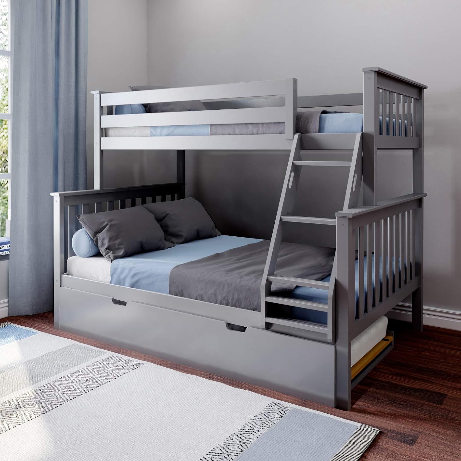 Max & Lily Solid Wood Twin Over Full Bunk Bed with Trundle Bed, Grey