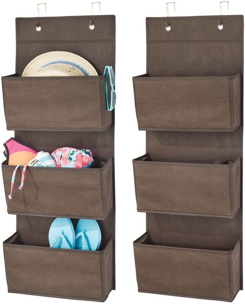 mDesign Soft Fabric Over The Door Hanging Storage Organizer with 3 Large Pockets for Closets in Bedrooms, Hallway, Entryway, Mudroom - Hooks Included - Textured Print, 2 Pack - Espresso Brown