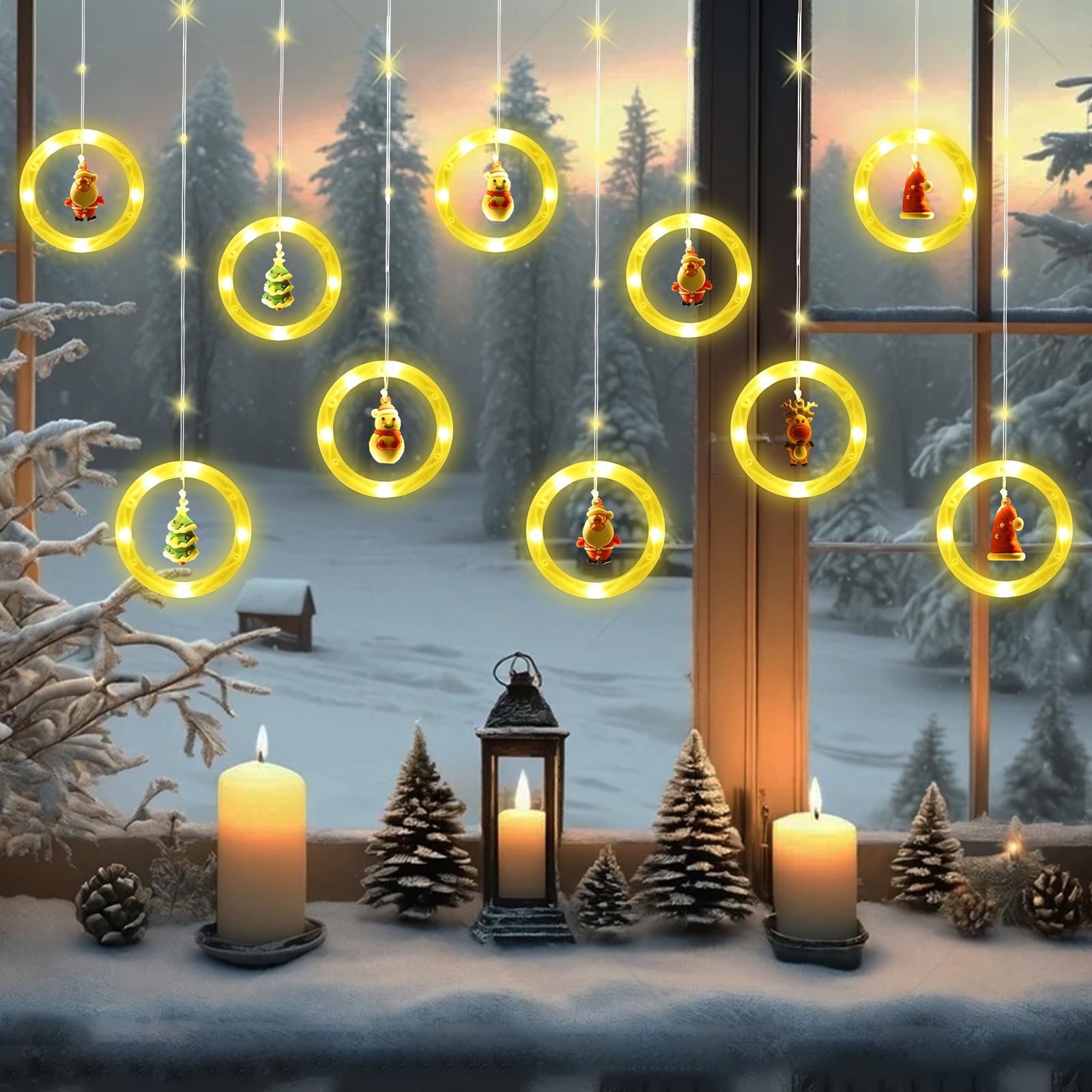 Fentar Christmas Window Lights, Waterproof Window Christmas Lights 8 Modes, 100LEDS Curtain Fairy Lights with Pretty Christmas Figure, Warm Indoor Xmas Window Lights for Christmas Decoration