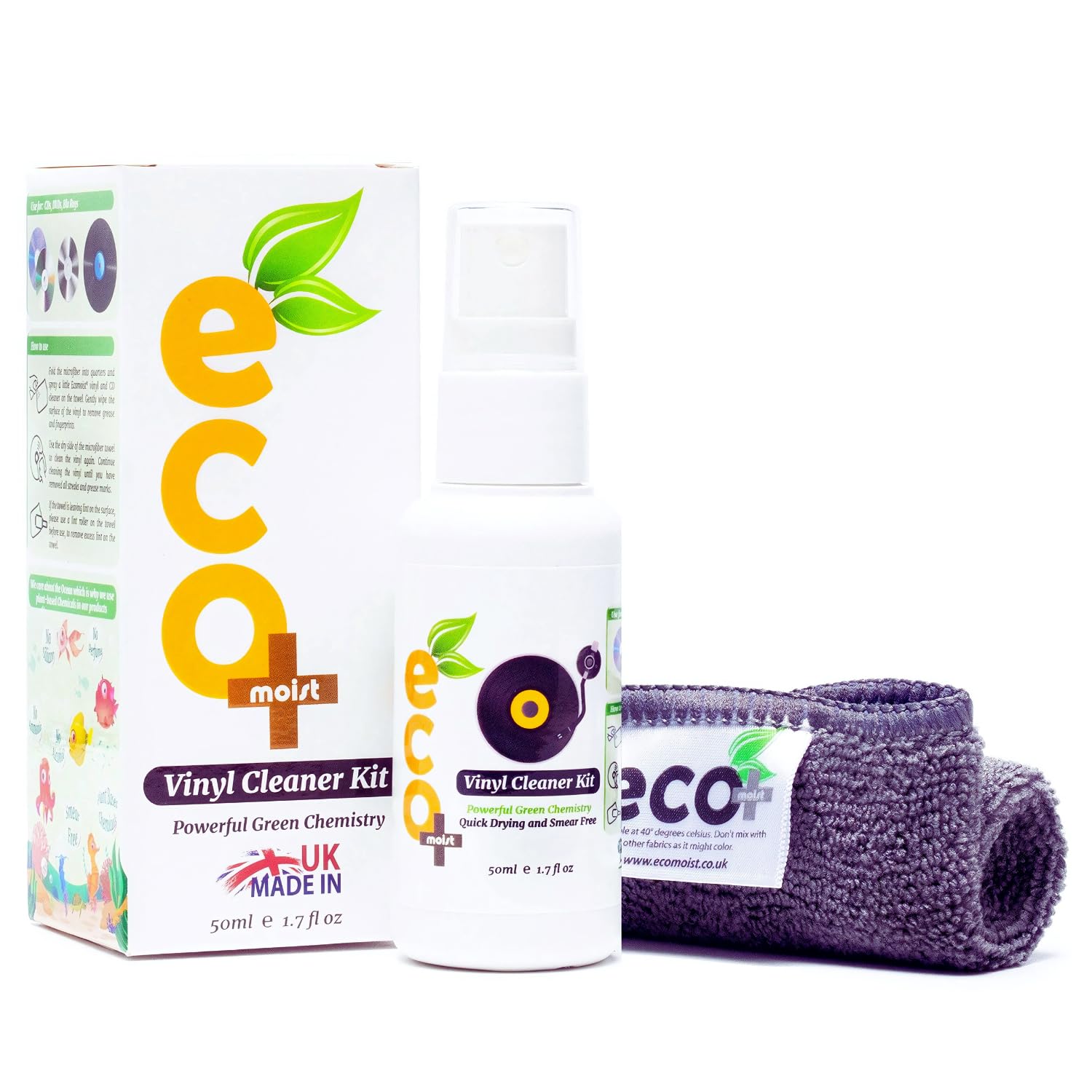 Ecomoist Vinyl Cleaner Kit 50ML with Fine Microfiber Towel, Made in The UK. Green Product.