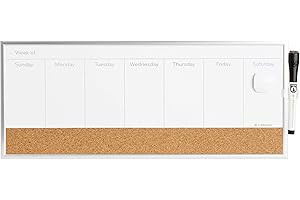 U Brands Magnetic Dry Erase Weekly Calendar Board With Cork Strip, 18"x7.5", Silver Aluminum Frame, Includes Magnet, Marker