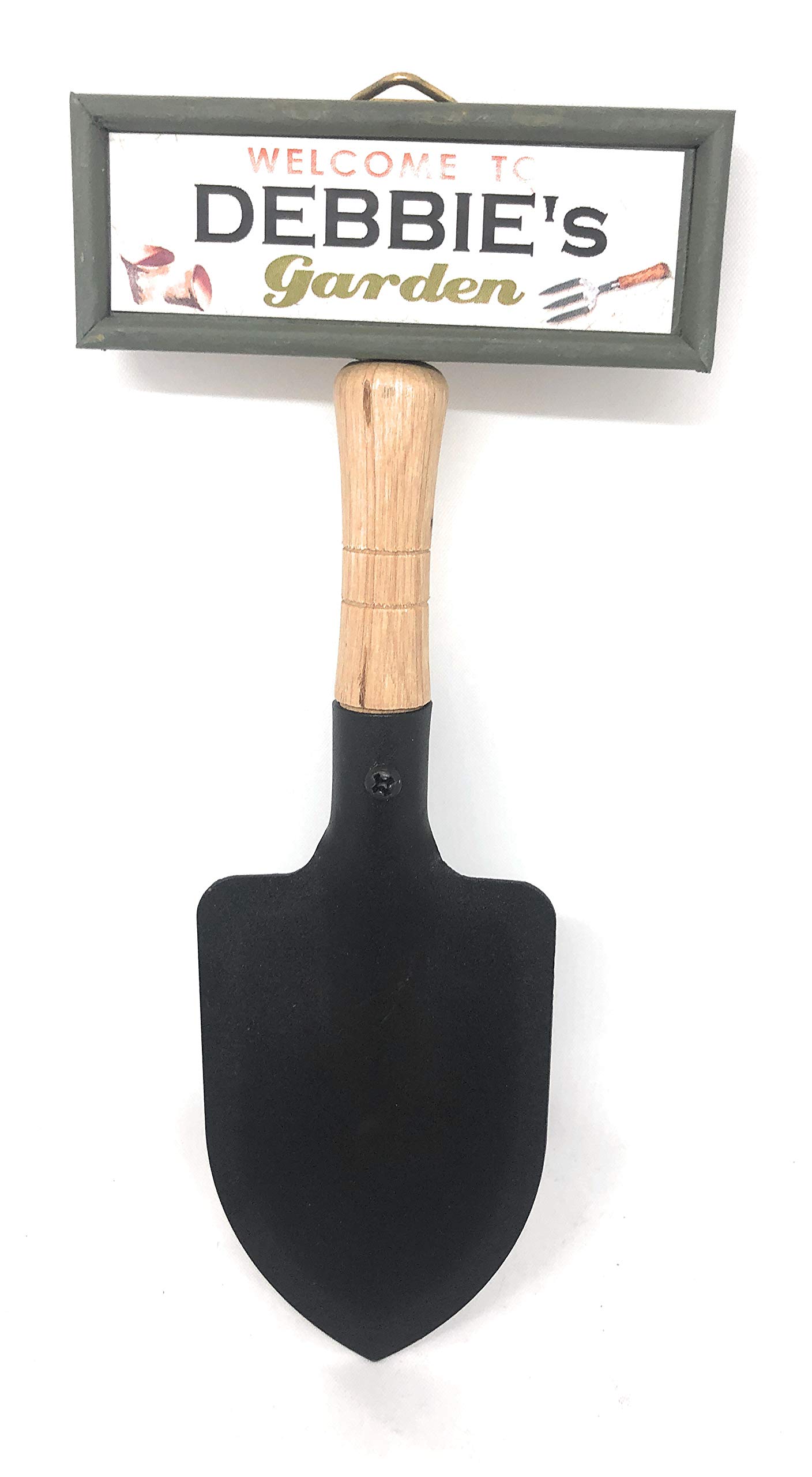 "Welcome to Debbie's garden" hanging shovel sign