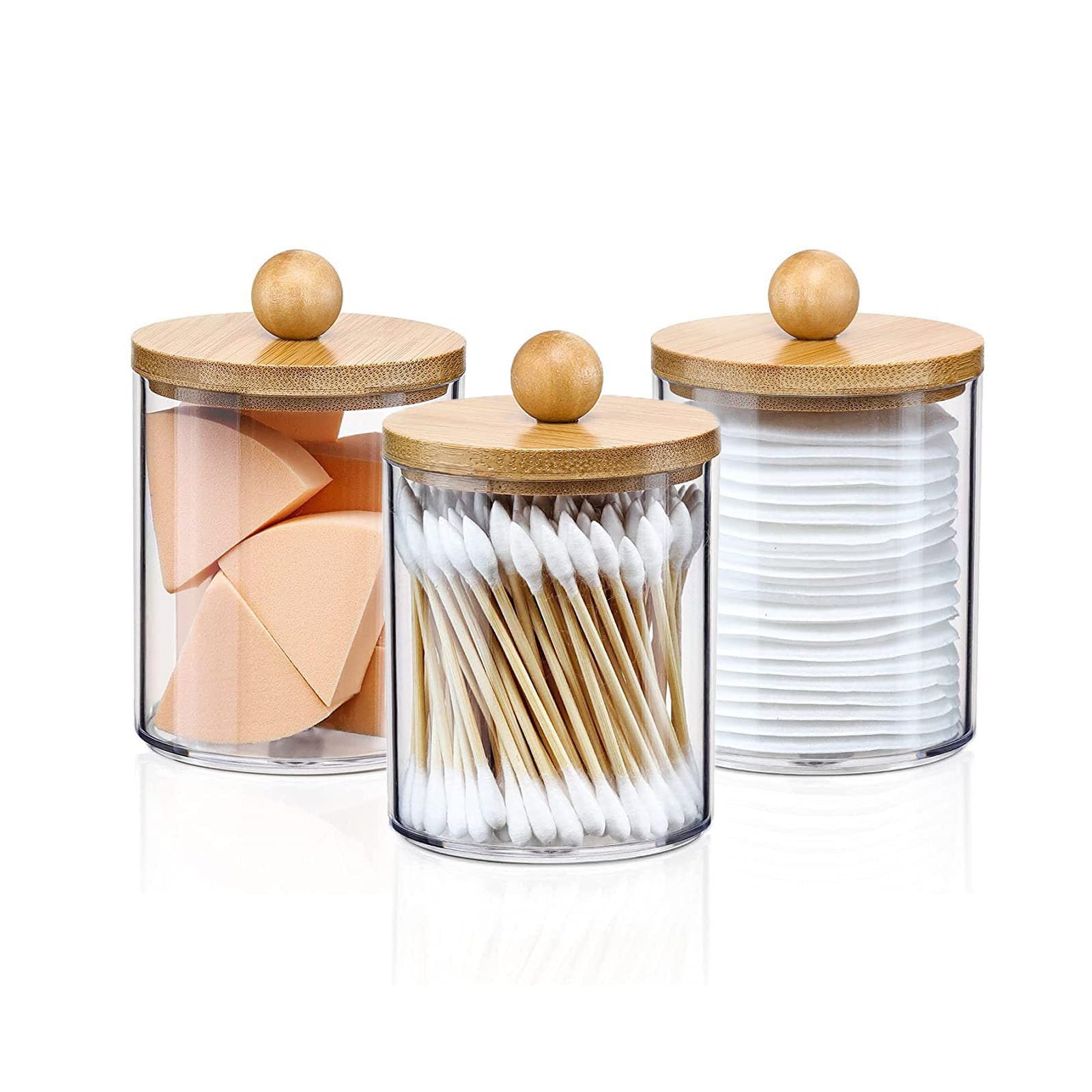 Photo 1 of **MISSING ONE LID** DIYOHFE 3PCS Acrylic Qtip Dispensers Holders With Wood lid, Clear Bathroom Round Countertop Storage Organizer Canister for Cotton Balls,Swabs,Pads,Bath Salts ,Makeup Sponges,Tooth Floss