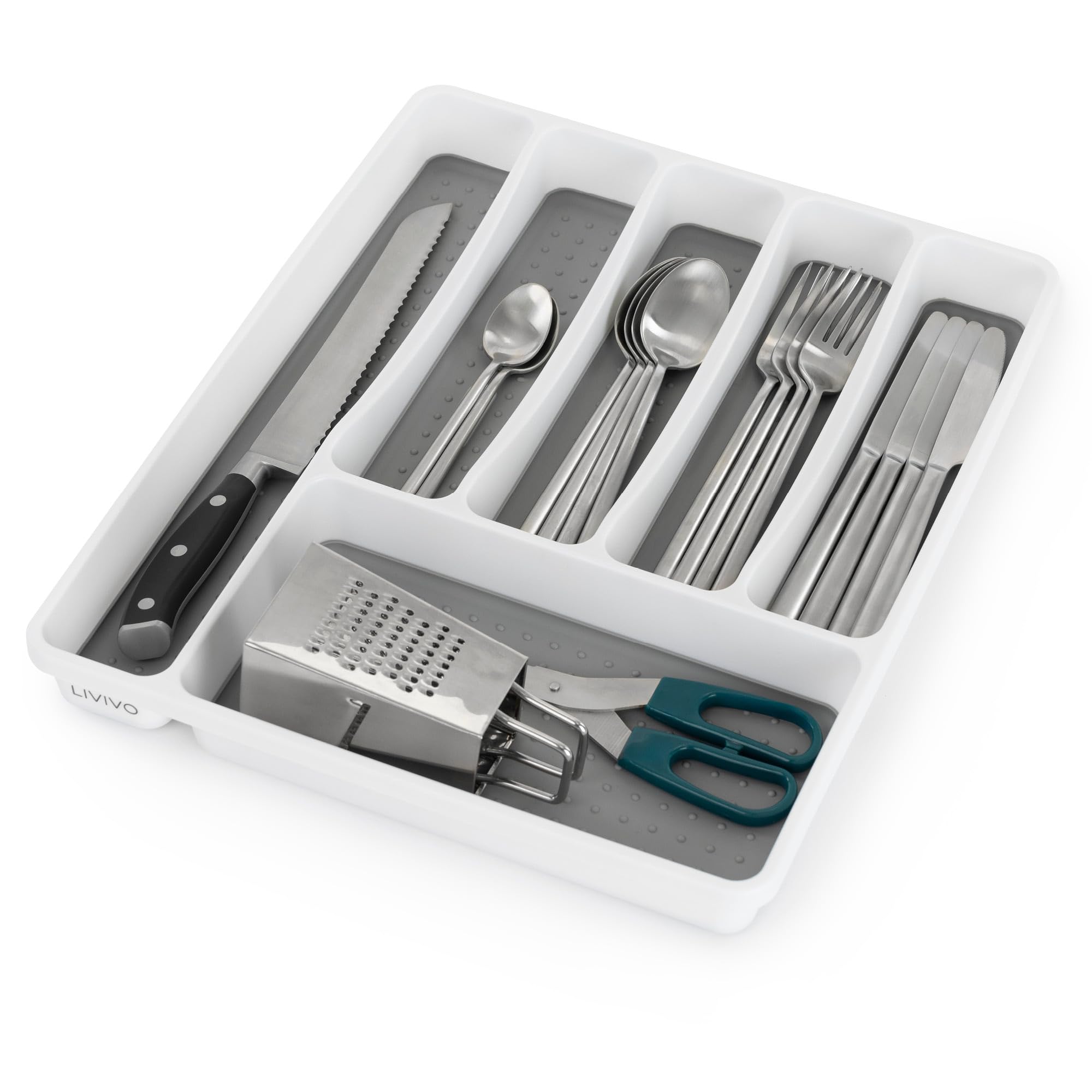 LIVIVO 6 Compartment Cutlery Tray – Grey & White Kitchen Drawer Organiser for Knives, Forks, Spoons, Utensils – BPA-Free Plastic Drawer Divider with Anti-Slip Base – Durable & Easy to Clean