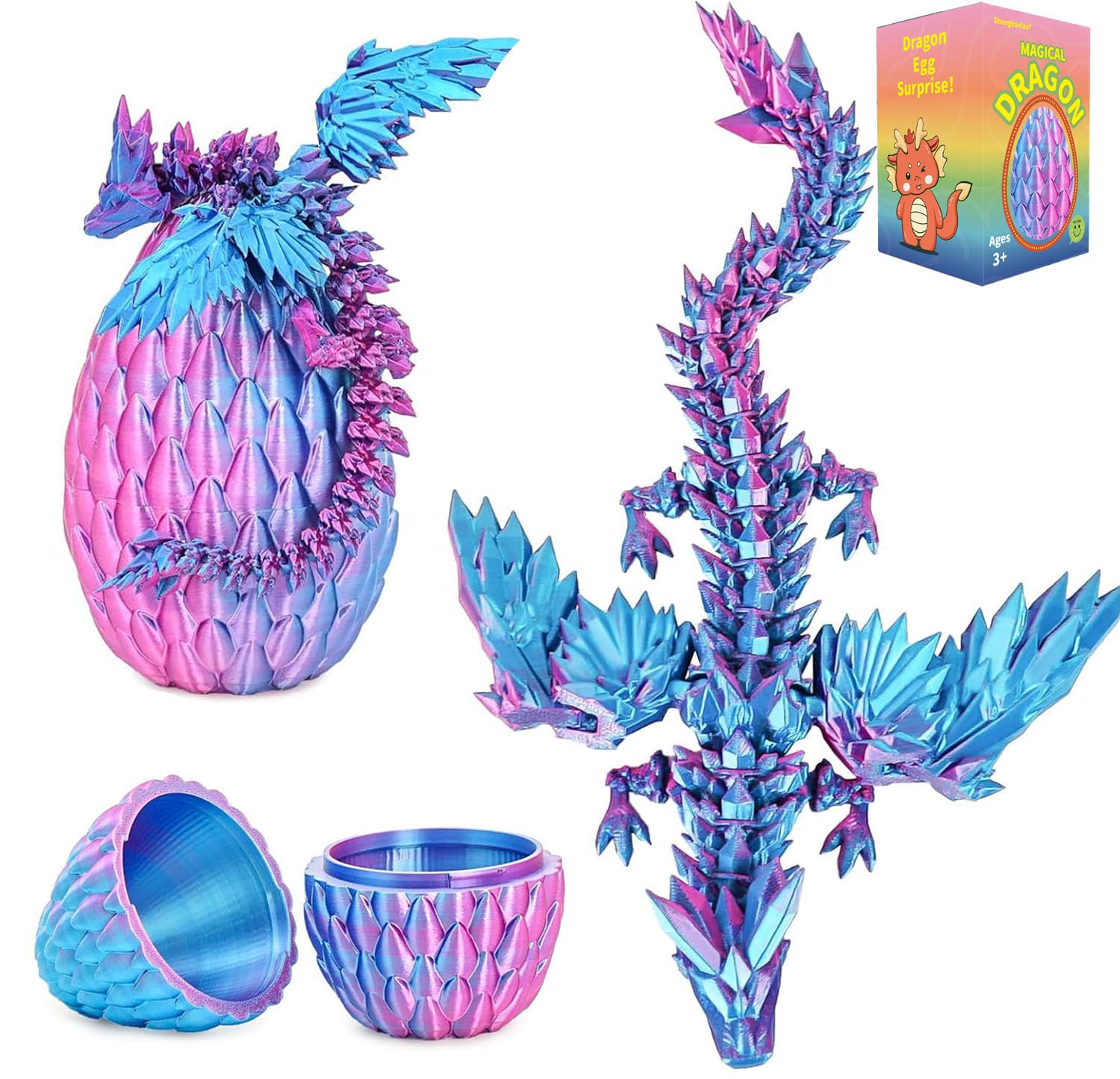 Shangkanlan 3D Printed Dragon in Egg - Fully Articulated Crystal Figurine for Christmas Easter Birthdays, Executive Desk Decor (Pink purple)