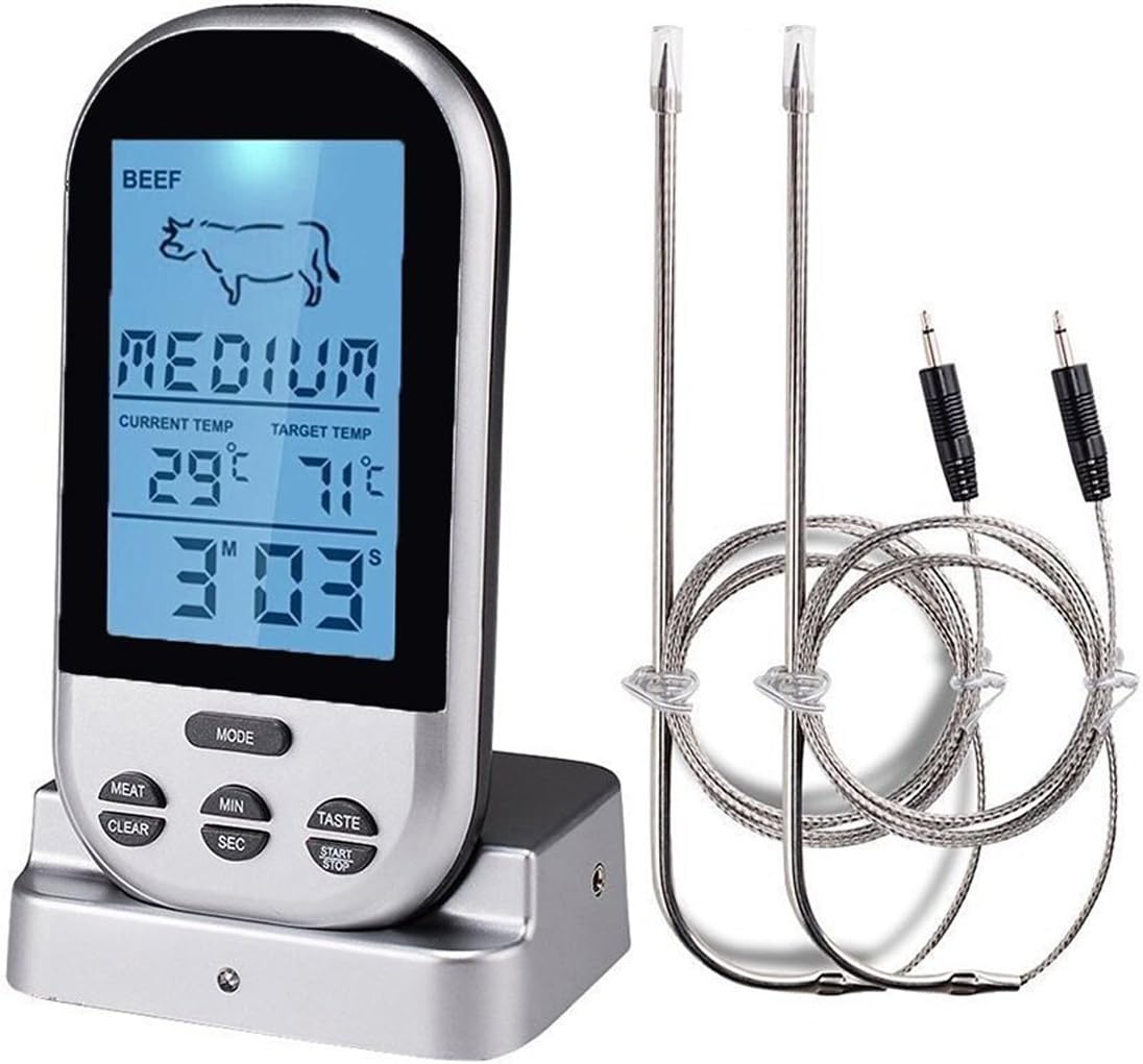 Thermomètre à Viande Numérique Instantané - Lecture Rapide, Cuisine, Barbecue, Grill, Acier Inox, Rouge