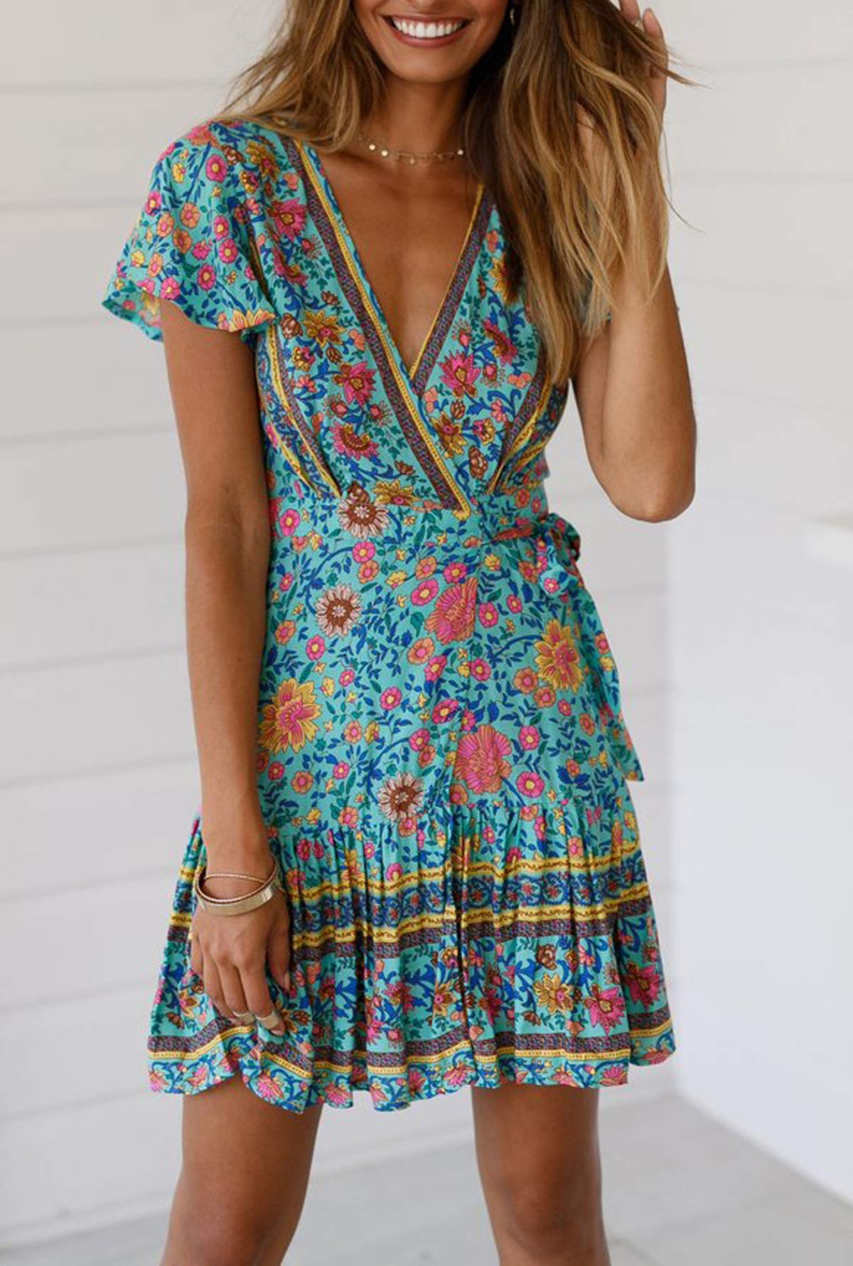 R.Vivimos Women Summer Short Sleeve Casual Bohemian Beach Ruffle Floral