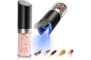 Sangcon Gravity Electric Salt and Pepper Grinder Set with Dust Cover, XL CAPACITY, Battery Operated(4 AAA), Adjustable Coarseness, One Hand Automatic Salt and Pepper Shakers Set Mill with LED Light
