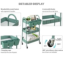 danpinera 3-Tier Rolling Cart, Metal Rolling