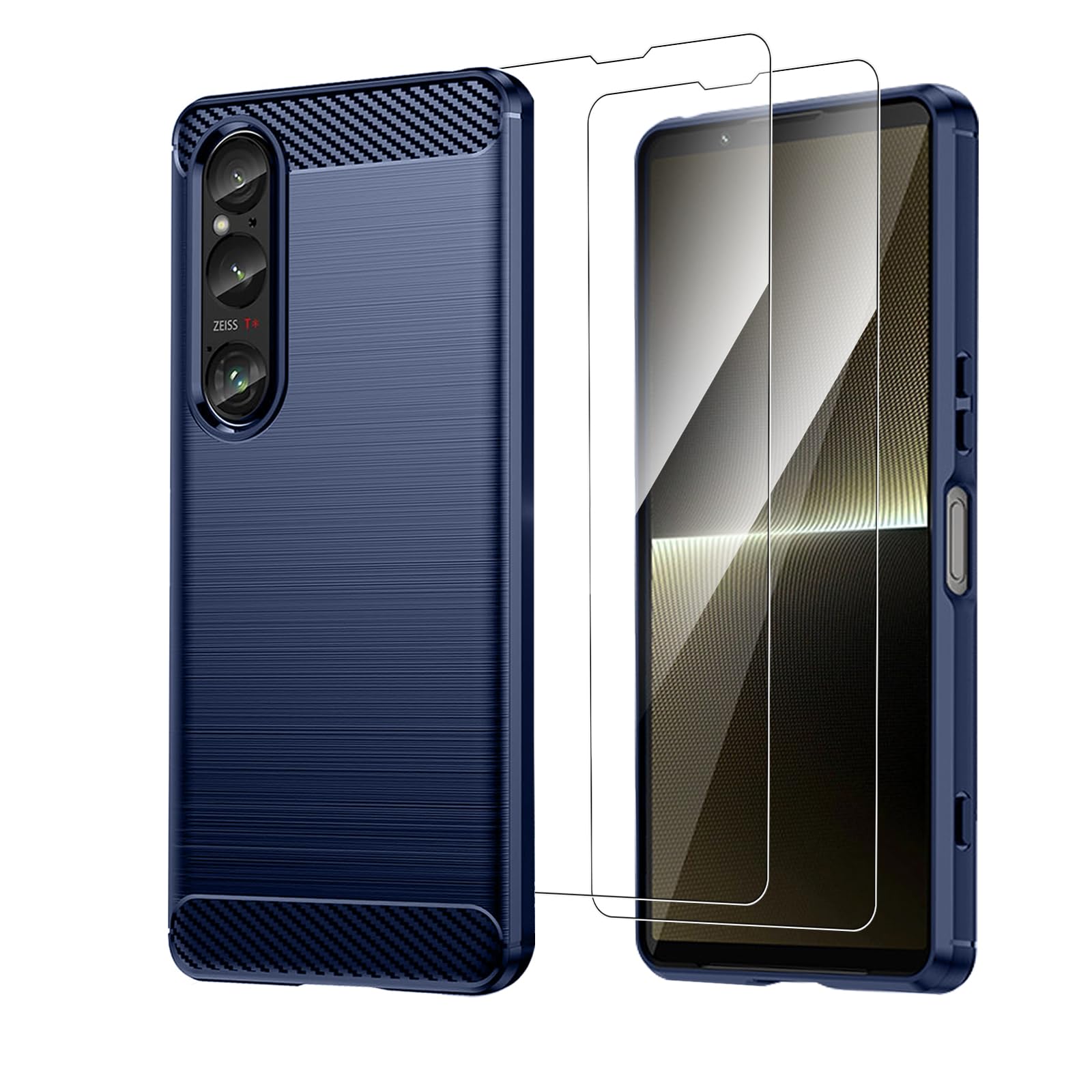 KZIOACSH Case for Sony Xperia 1 VI, Full Protection Anti-Scratch Soft TPU Protctive Cover Case [Carbon Fiber Texture] Ultra Thin Anti-Drop Rugged Tough Shell with 2 Tempered Glass Film,Blue