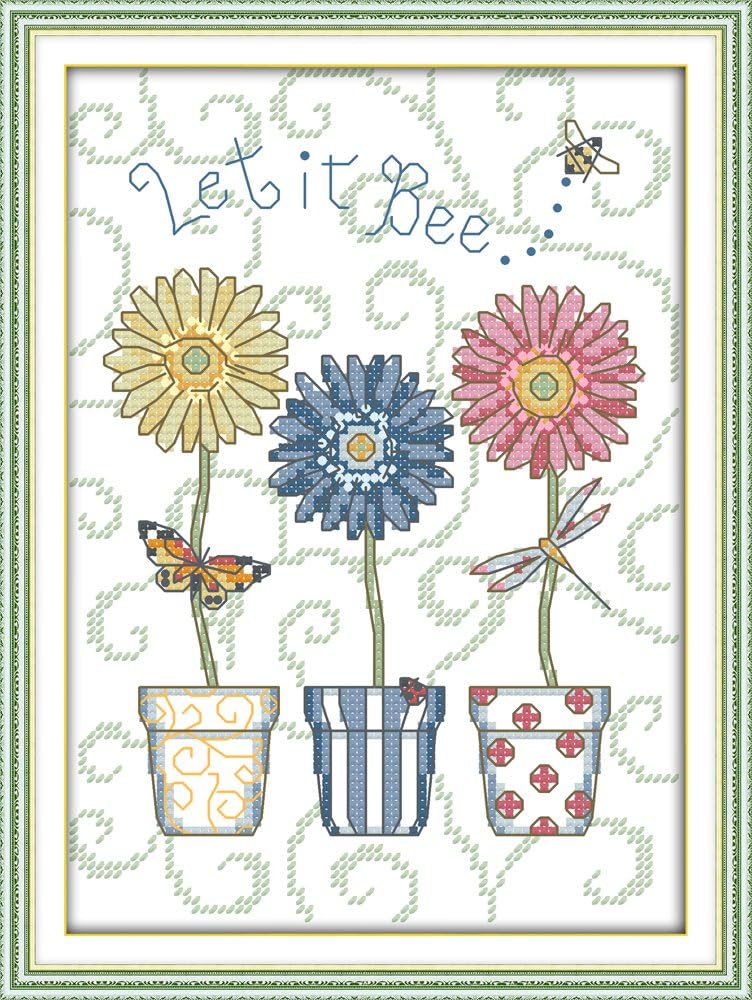 Stamped Cross Stitch Kits 14CT Pre-Printed Painting Cross Stiching DIY Art Crafts & Sewing Needlepoints Kit for Home Decor (Three Basin Flower)