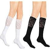 Grevosea 2 Pairs Lace Knee High Socks, Cute Y2K Boot Socks with Lace Trim Long over Knee Stocking for Women (Black, White)