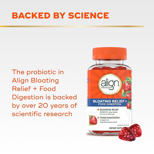 ALIGN PROBIOTIC, BLOATING RELIEF + FOOD DIGESTION, PROBIOTICS FOR WOMEN AND MEN, PROBIOTIC HELPS SOOTHE OCCASIONAL BLOATING*, WITH VITAMIN B12 TO HELP BREAK DOWN FOOD INTO CELLULAR ENERGY*,60 GUMMIES