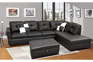 FlashBuy L-Shape Faux Leather Sectional Sofa Couch Set with Chaise, Ottoman, 2 Toss Pillows (Black, 34" W x 103" D 72" H)