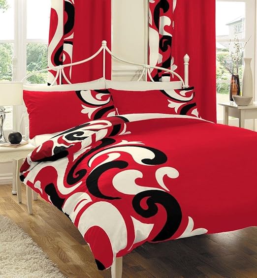 GRANDEUR RED QUILT DUVET COVER SET WITH MATCHING CURTAINS and FITTED
