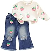 Userdefined Toddler Baby Girl Clothes Fall Long Sleeve Embroidered Sweatshirt Bell Bottom Jeans Pants Set Spring Outfit