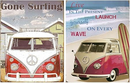 Cuadro Furgoneta Vintage De Surf Hippie Placas Madera Set De 2 Cuadros De 19 Cm X 25 Cm X 4 Mm Unid Adhesivo Facil Colgado Adorno Decorativo Decoracion Pared Hogar Habitacion Infantil Amazon Es Hogar
