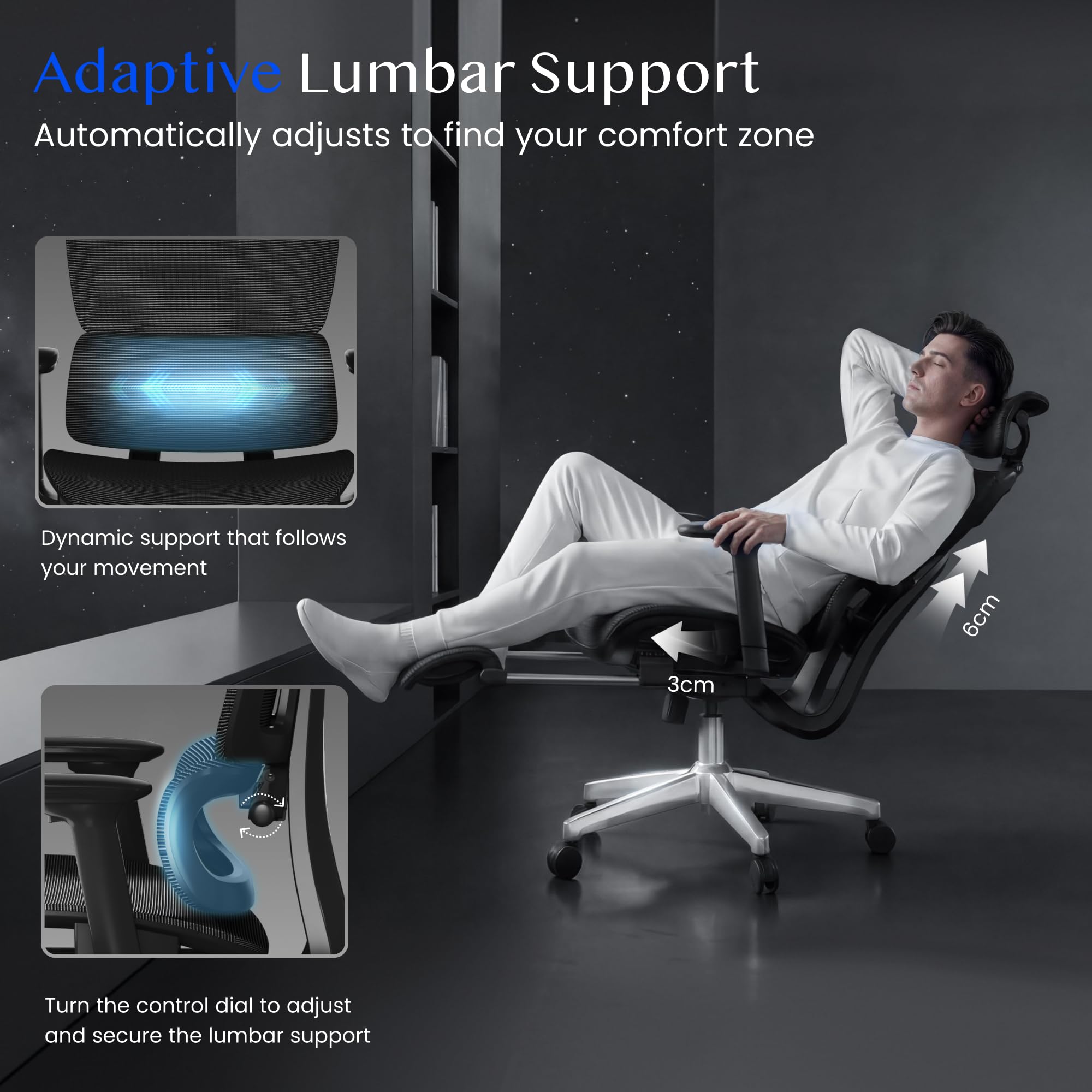 FLEXISPOT Ergonomischer Bürostuhl Schreibtischstuhl mit Fußstütze, 3D-Armlehnen, 3D-Kopfstütze, 5D-Rückenlehne, Atmungsaktiver Sitz Belastbar bis 136 kg Arbeitsstuhl, ErgoX, Schwarz 4