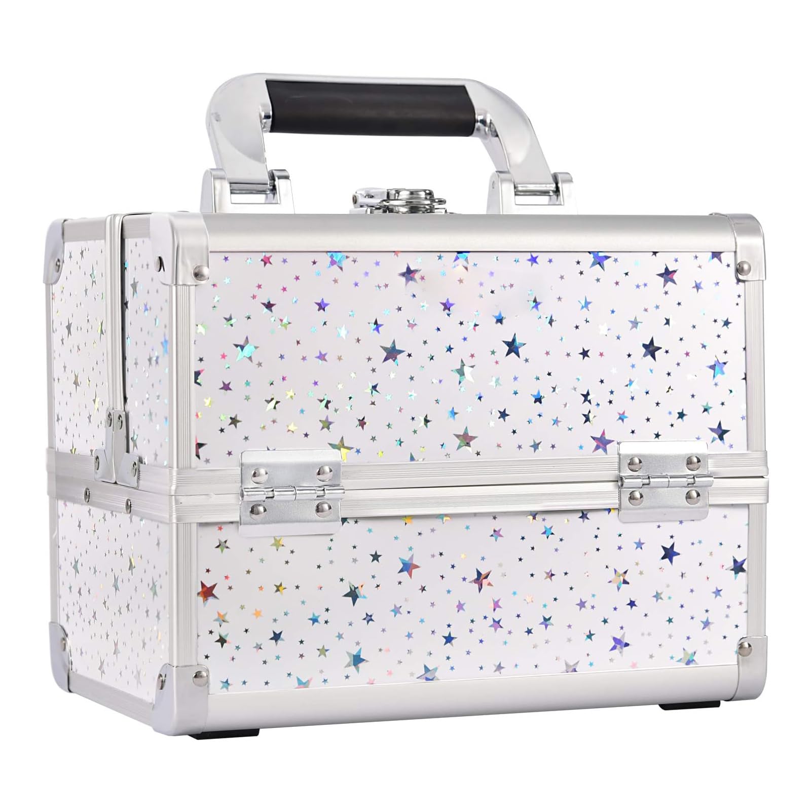 Joligrace Makeup Box Vanity Case for Women Nail Varnish Storage Cosmetic Case Jewellery Organiser Box with Mirror, Lockable with Keys, White Holographic Star