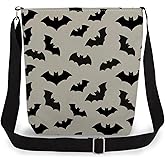 LiuenMgg Bat Print Canvas Crossbody Bag, Adjustable Strap Lightweight Purse with Top Zipper & Inner Pocket, Daily Shoulder Bag Halloween Present for Women