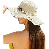 Verdusa Women's Scalloped Wide Brim Straw Sun Hats Boho Beaded Beach Hat
