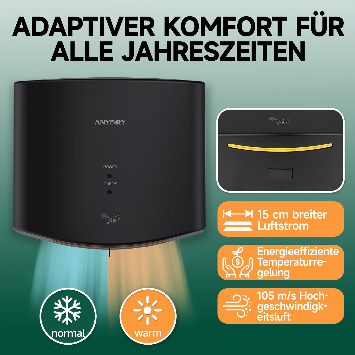 anydry 2630S Kompakter Händetrockner,Automatischer Elektrischer Händetrockner für Wandmontage,Für Gewerbliche oder Private Zwecke,Händetrockner für Toiletten.1400-1650W.(Schwarz) 2