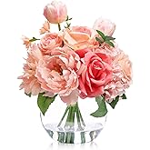 Artificial Flowers in Vase with Fake Water, Silk Tulips Peony Rose Flowers Bouquet with Glass Vase for Home Birthday Party Wedding Dinning Table Centerpieces Office Hotel Decor Gift (Peach Pink Mixed)