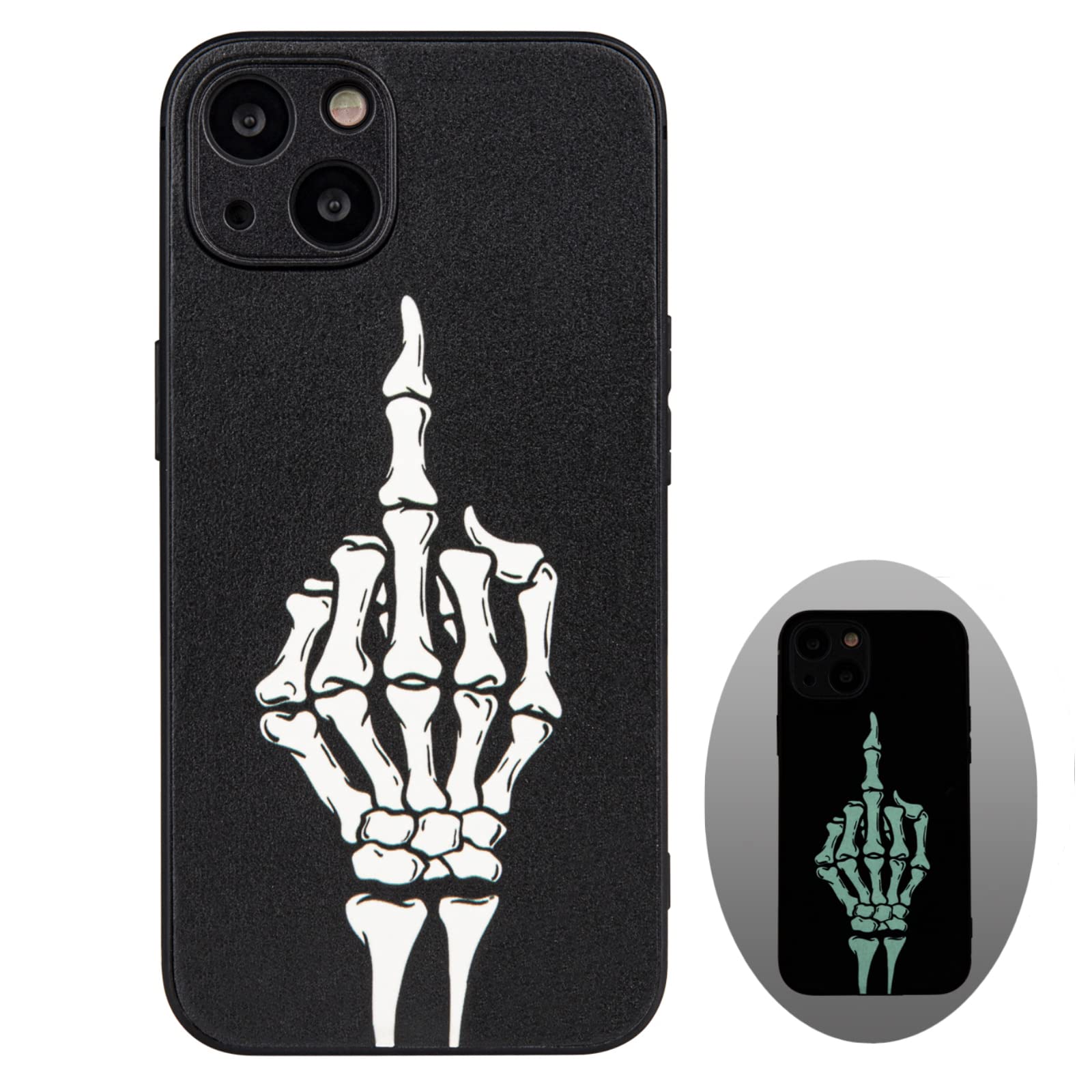 X spirit Skull Case for iPhone 13 - Skeleton Hand Gesture Design - Cool Gothic Punk Aesthetic - Shockproof Protective Bumper, Leather Finish Glow in the Dark Cover