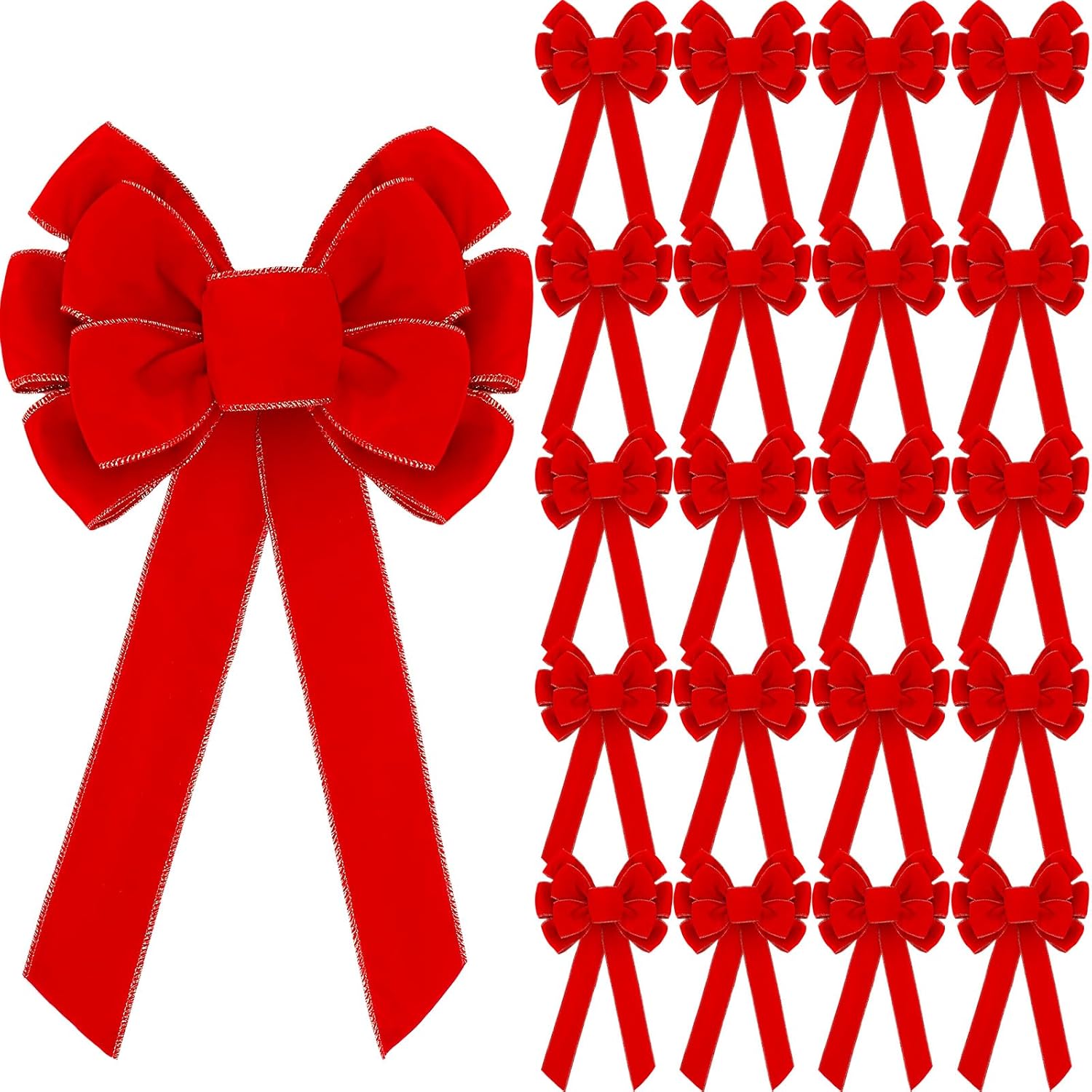 Bows & Ribbons - Lenwen 24 Pcs Large Christmas Bows 11 x 19.6 inch Velvet Christmas Wreath Bows Christmas Tree Topper Bow with Golden Edge Big Xmas Ornament for Wreath Gift Home Front Door Decor (Red)