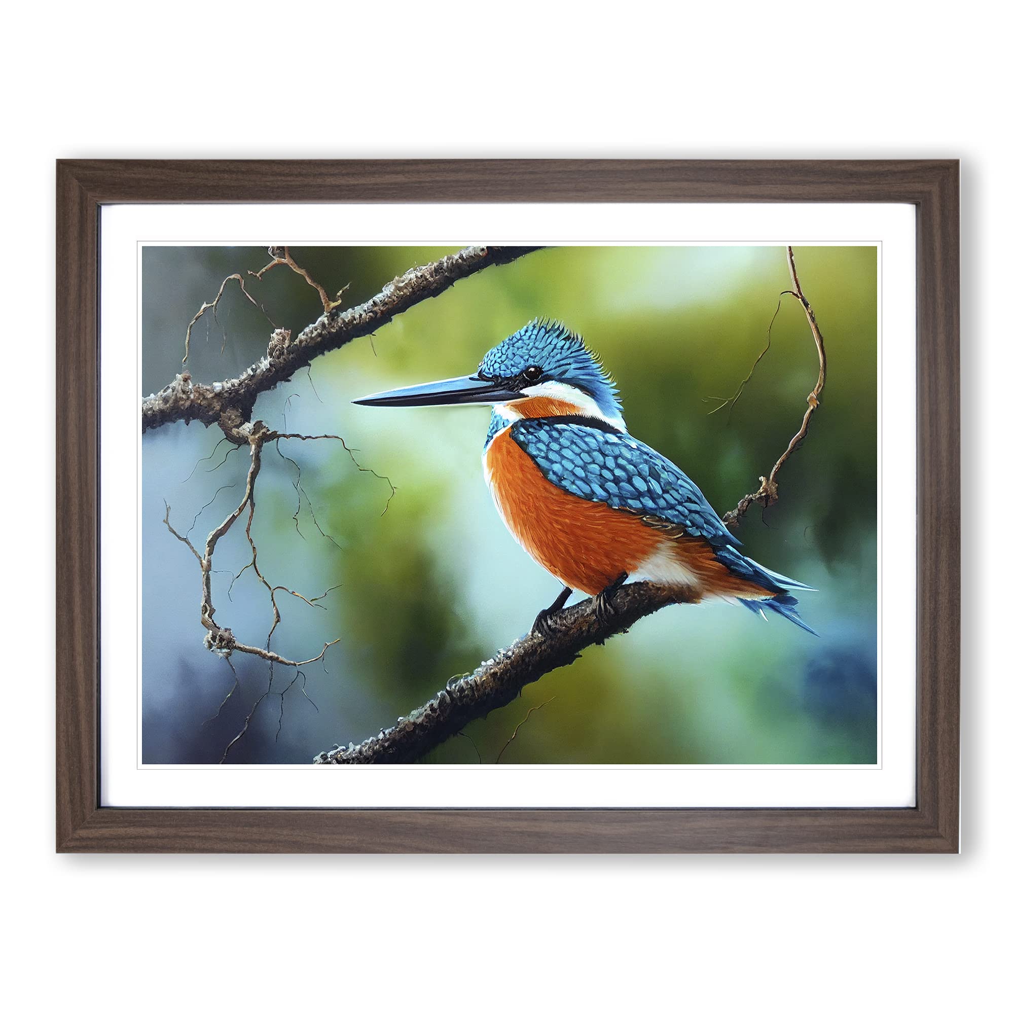 An Effervescent Kingfisher Bird Framed Print | A4 Walnut Framed Wall Art | Ready to Hang | Modern Nature Picture | Living Room Bedroom Lounge Office