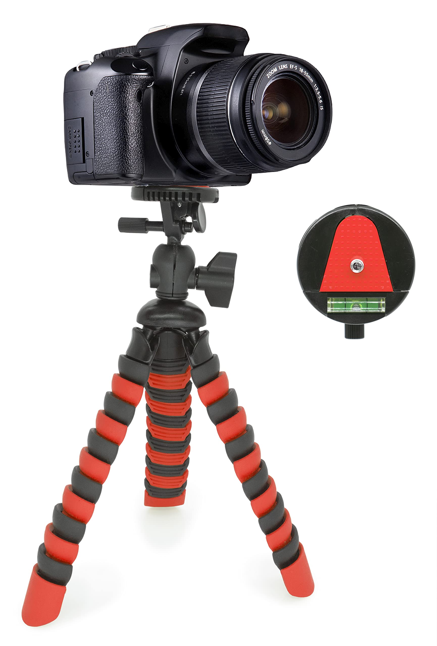 MyGadget Flexible Universal Tripod for Cameras w | Quick Release Plate - Octopus Style Outdoor Holder Stand for Nikon Canon Sony, Go Pro, Camcorder - Red