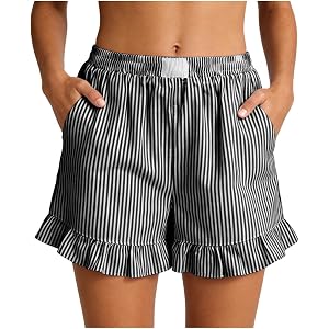 LMSXCT Womens Summer Ruffle Hem Shorts Striped High Waisted Baggy Flowy Short Pants Dressy Casual Comfy Pull On Shorts Bottom