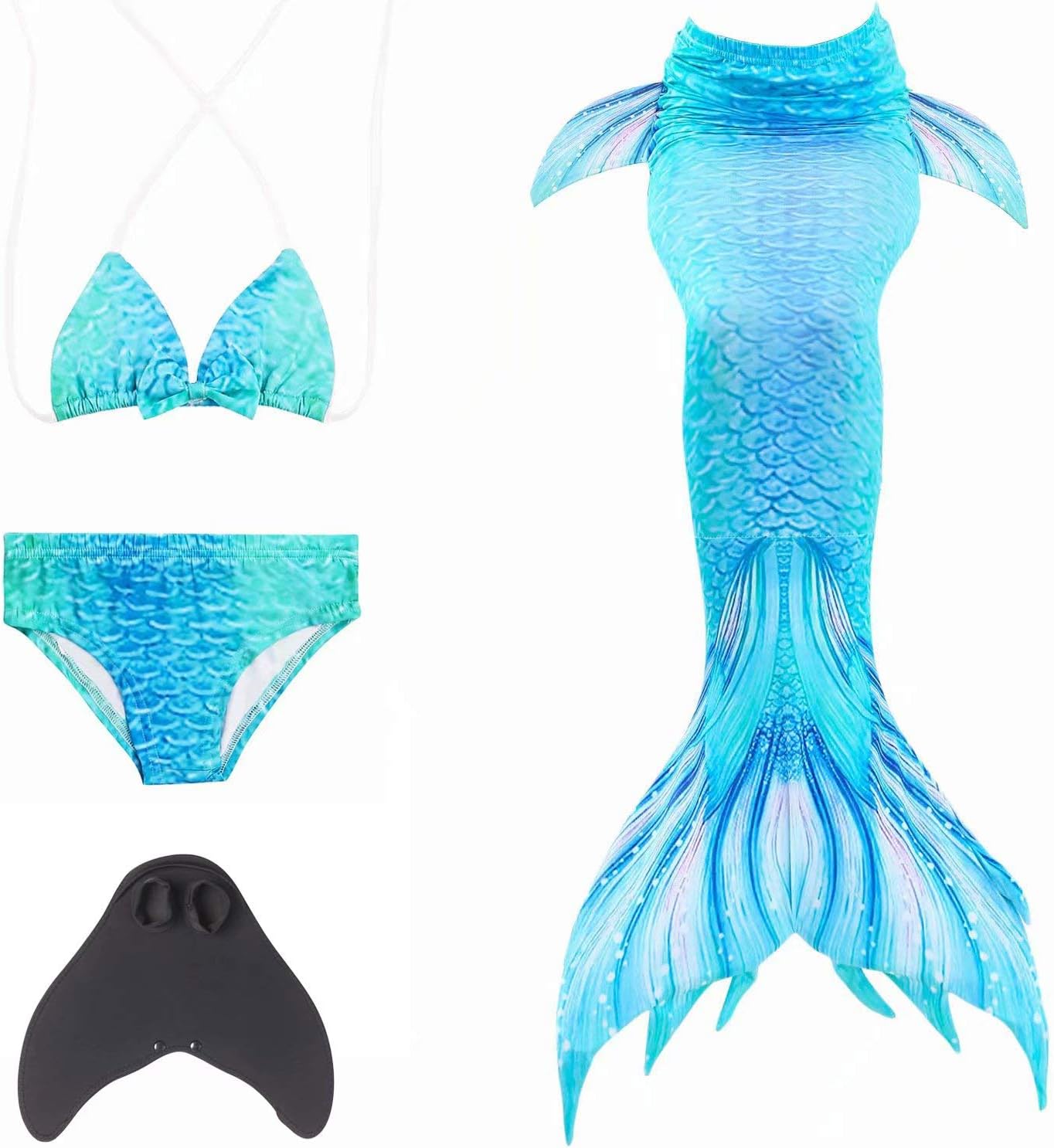 Girl's Mermaid Tails Swimmable Swimwear Sets with Monofin 4pcs Princess Swimsuit Costume for Girls 2-12 Years, 02